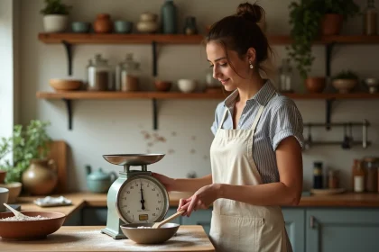 Femme mesurant des ingrédients sur une balance de cuisine en bois pour adapter une recette à 2 ou 4 personnes