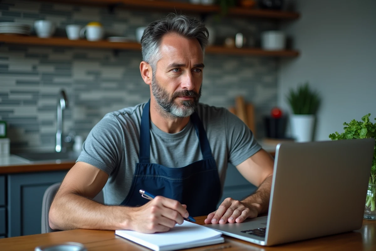 Homme consultant un convertisseur de recettes en ligne sur ordinateur portable avec carnet de notes et ingrédients