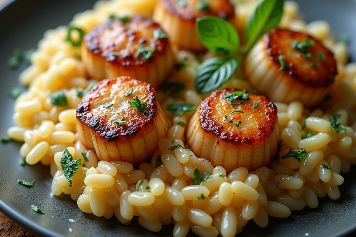 Gros plan sur coquilles avec risotto et herbes fraîches