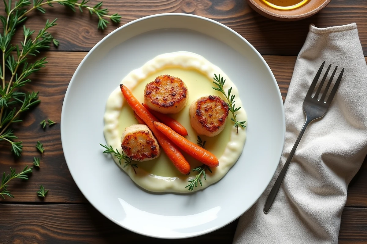 Assiette de coquilles Saint-Jacques poêlées avec purée de céleri-rave et carottes rôties, vue de dessus sur table en chêne