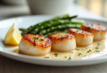 Coquilles Saint-Jacques poêlées sur assiette blanche avec asperges