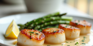 Coquilles Saint-Jacques poêlées sur assiette blanche avec asperges