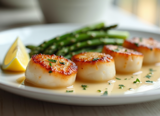Coquilles Saint-Jacques poêlées sur assiette blanche avec asperges