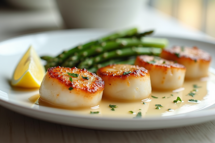 Coquilles Saint-Jacques poêlées sur assiette blanche avec asperges