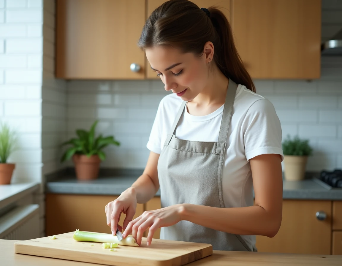 Femme qui coupe un poireau en petits morceaux adaptés aux bébés sur une planche en bois dans une cuisine maison