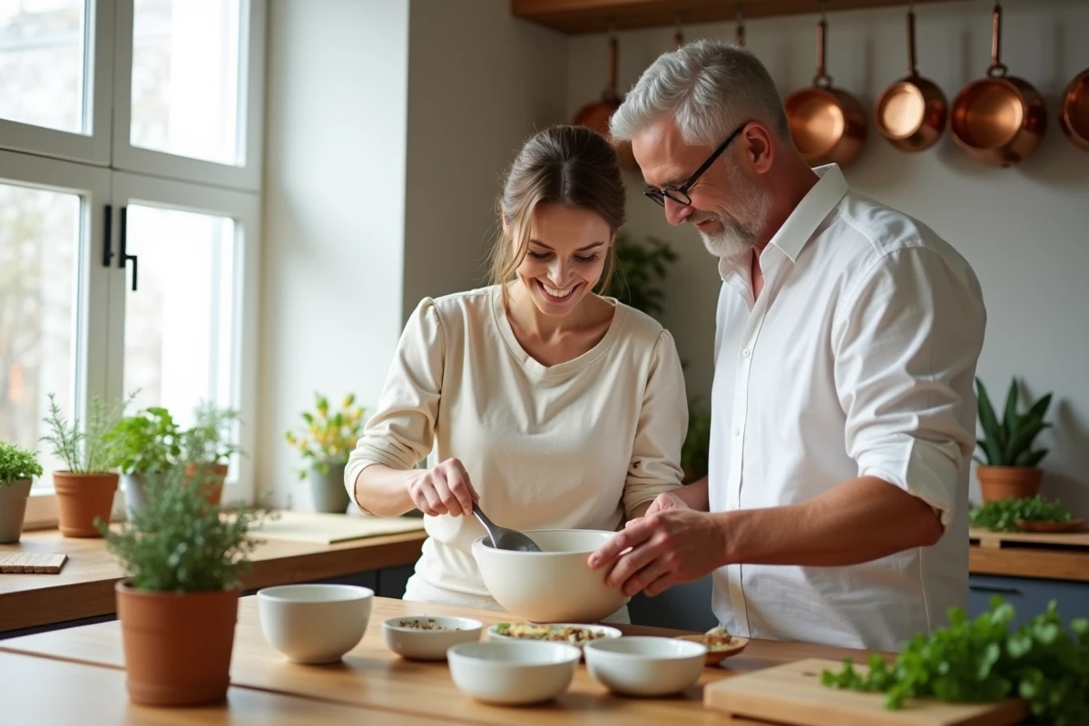 Couple cuisinant ensemble en adaptant les quantités d'une recette pour plusieurs personnes avec des bols doseurs