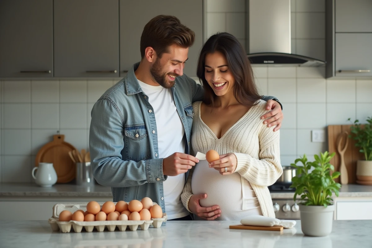 Couple dans la cuisine avec œufs et femme enceinte souriante