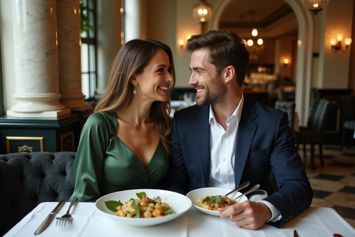 Couple élégant partageant un repas gastronomique dans un restaurant raffiné parisien pour un rendez-vous romantique réussi