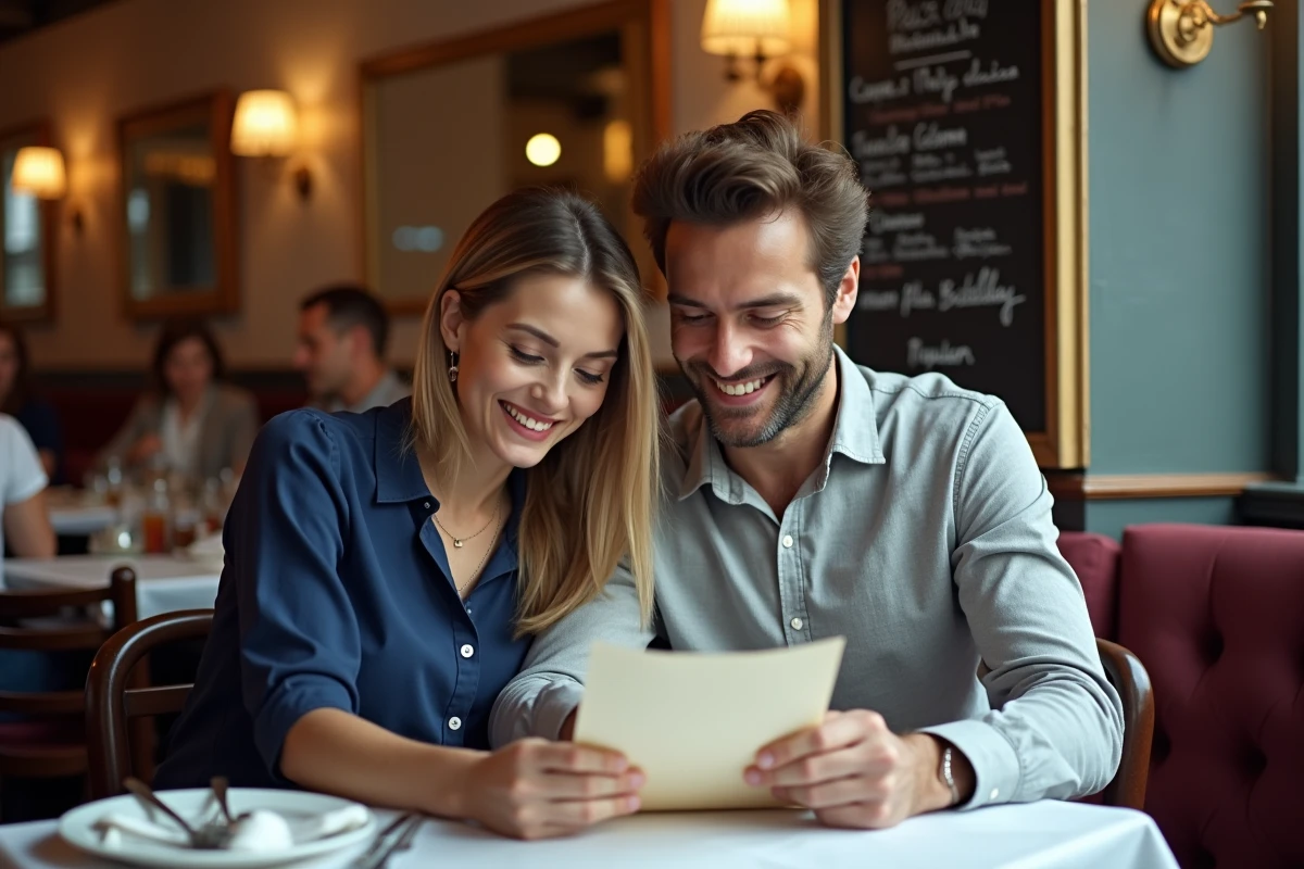 Couple lisant le menu manuscrit d'un bistrot parisien traditionnel, ambiance chaleureuse et conviviale typique du Bistrot Paul Bert à Paris