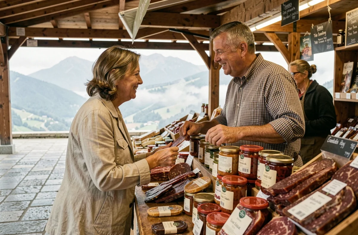 Couple découvrant les produits artisanaux basques au comptoir d'une venta à Dancharia, avec vue sur les Pyrénées en arrière-plan