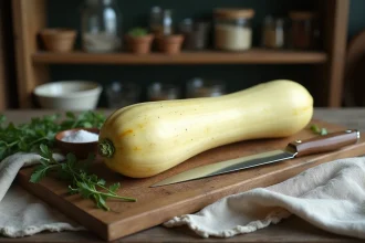 Courge longue de Nice entière sur une planche à découper en bois avec couteau et herbes fraîches dans une cuisine rustique