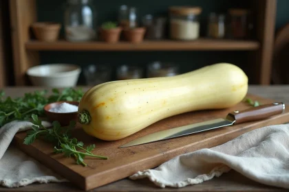 Courge longue de Nice entière sur une planche à découper en bois avec couteau et herbes fraîches dans une cuisine rustique
