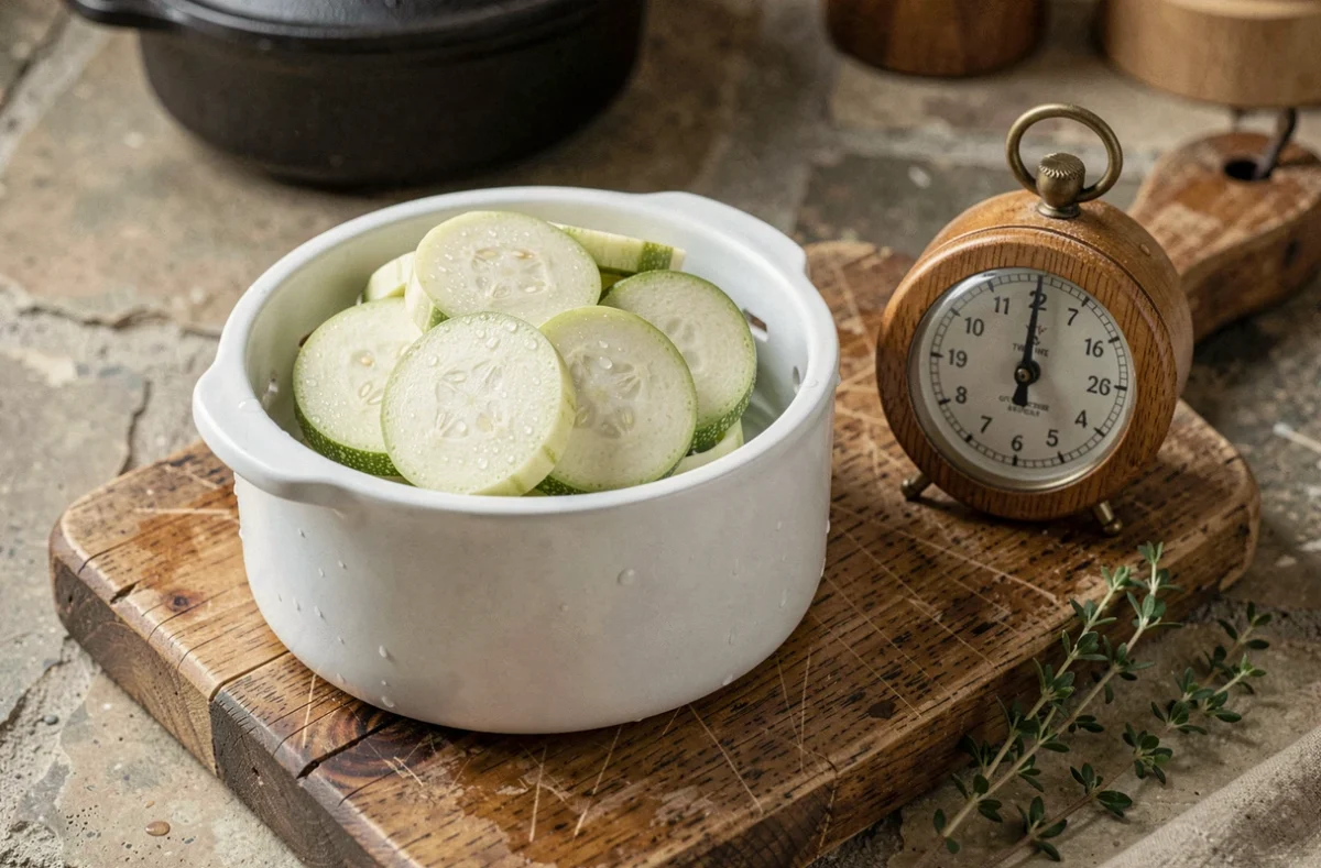 Gros plan de rondelles de courgette vapeur sur un insert en céramique blanche avec un minuteur en bois posé à côté