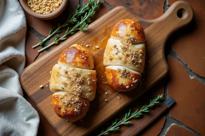 Crépinettes de porc et dinde crues sur planche en bois rustique avec herbes fraîches, recette maison pour les enfants