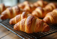 Croissants dorés refroidissant sur une grille en matinée