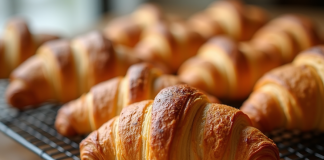 Croissants dorés refroidissant sur une grille en matinée