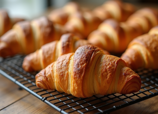Croissants dorés refroidissant sur une grille en matinée