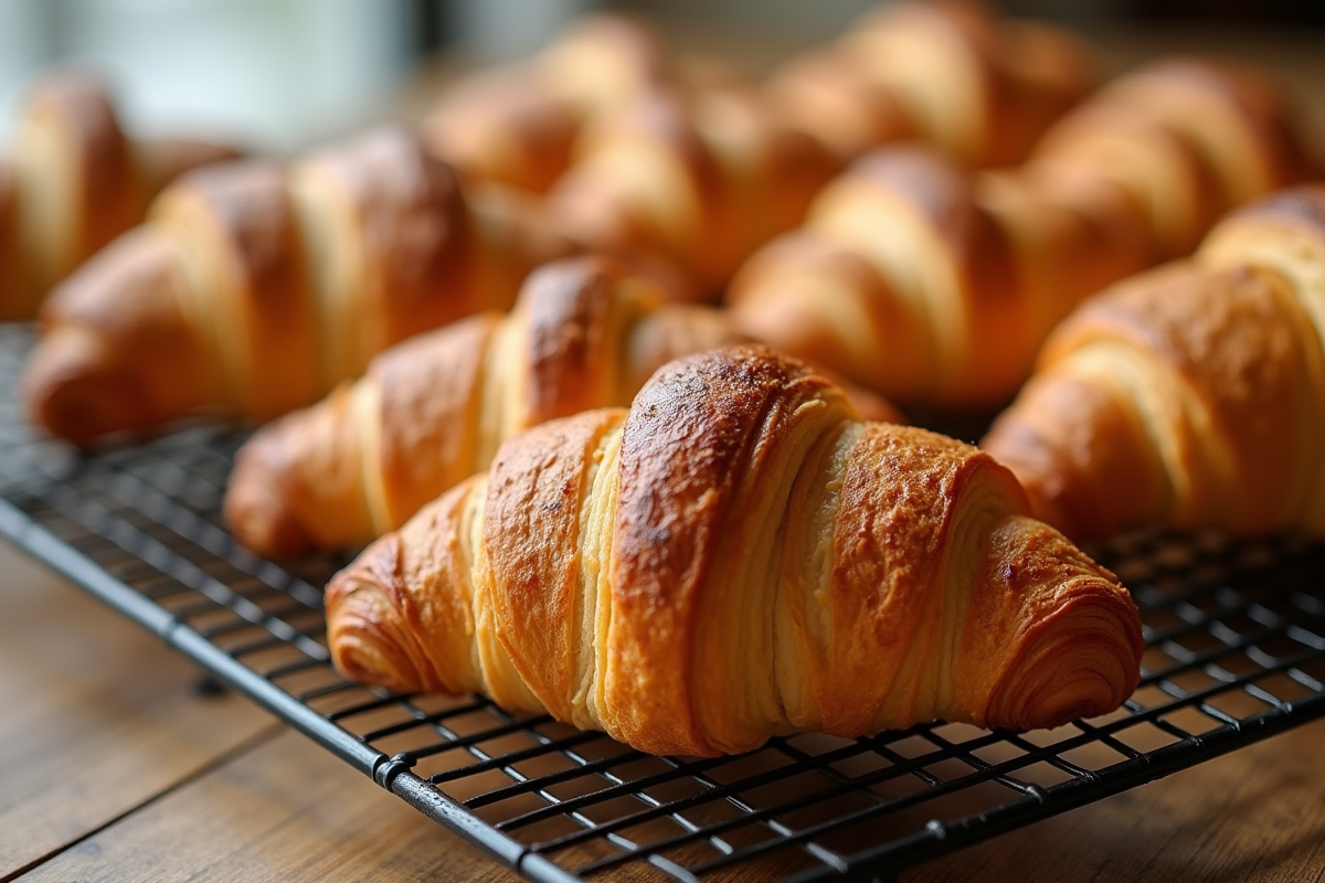 Croissants dorés refroidissant sur une grille en matinée