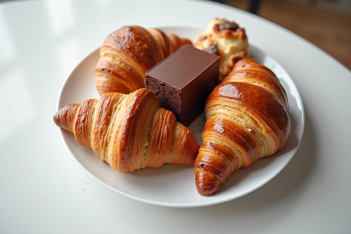 Croissants et pains au chocolat sur une assiette blanche moderne