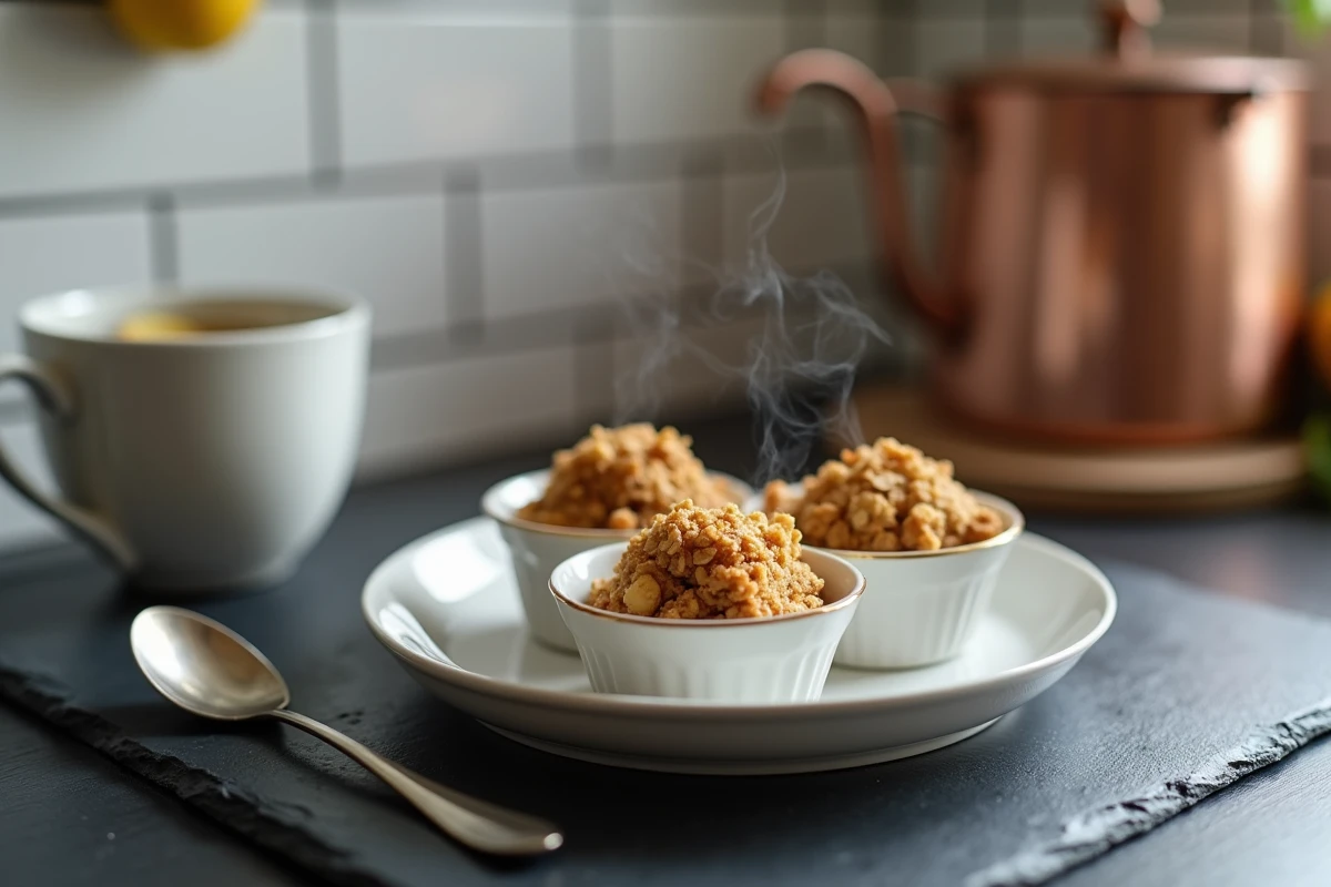 Crumble léger aux pommes et flocons d'avoine servi en portion individuelle avec une tisane, dessert du soir sain et gourmand