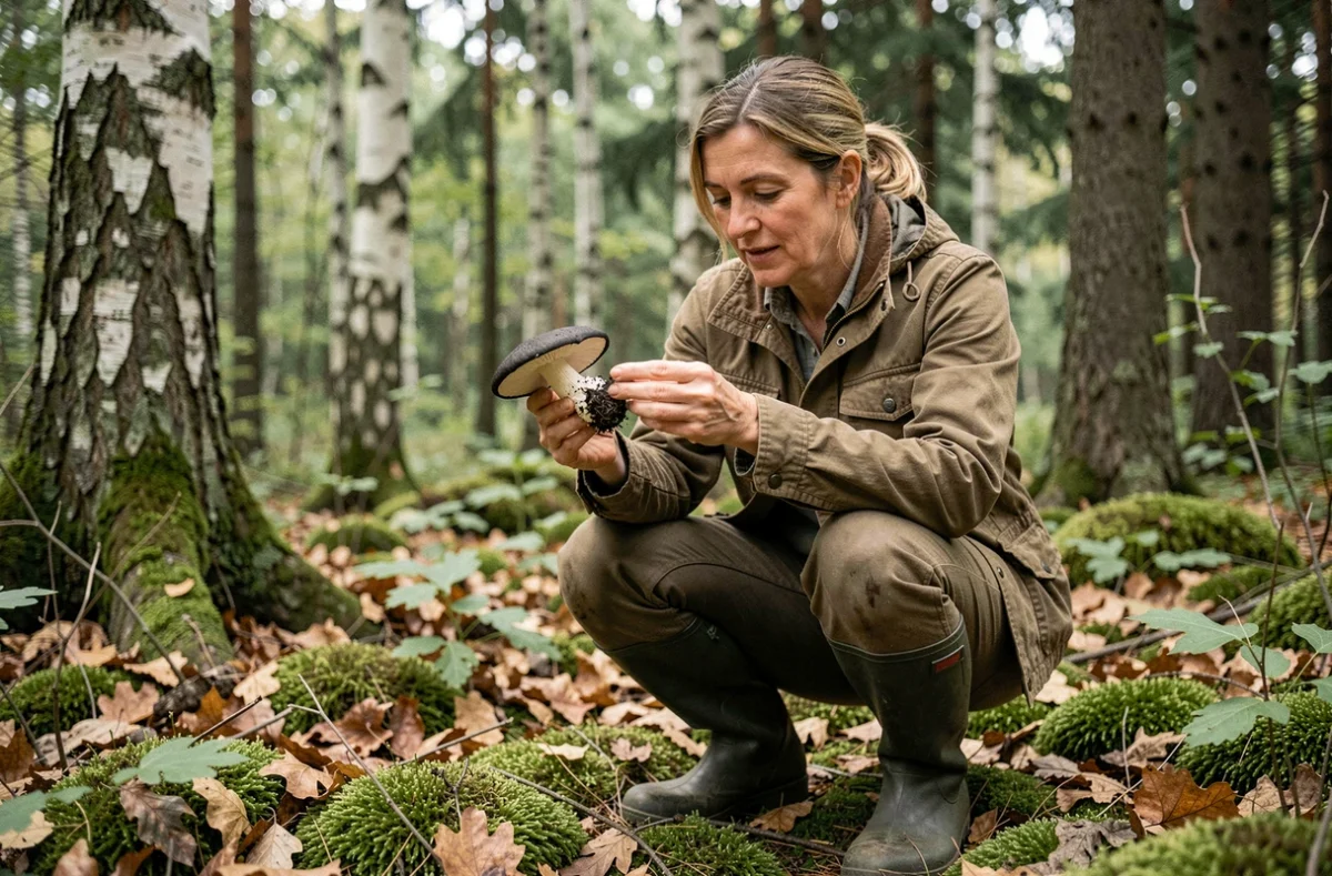 Cueilleuse expérimentée inspectant un champignon charbonnier en forêt lors d'une sortie mycologique automnale
