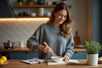 Jeune femme en cuisine préparant des œufs pour une recette