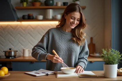 Jeune femme en cuisine pr&eacute;parant des &oelig;ufs pour une recette