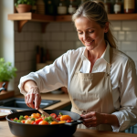 Cuisiner avec de la fonte : avantages et astuces pour des plats savoureux Femme d'âge moyen remuant un ragoût de légumes dans une cuisine chaleureuse