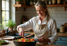 Femme d'âge moyen remuant un ragoût de légumes dans une cuisine chaleureuse