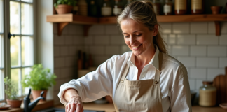 Femme d'âge moyen remuant un ragoût de légumes dans une cuisine chaleureuse