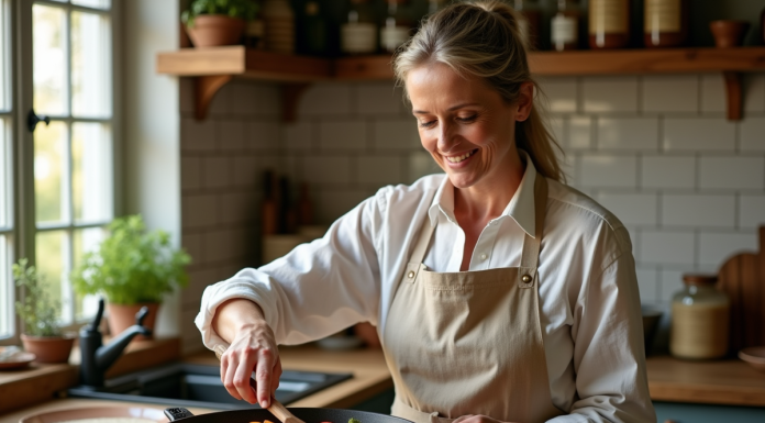 Cuisiner avec de la fonte : avantages et astuces pour des plats savoureux Femme d'âge moyen remuant un ragoût de légumes dans une cuisine chaleureuse