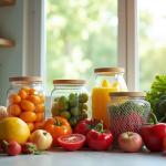 Plan de cuisine moderne avec fruits et légumes frais dans des bocaux