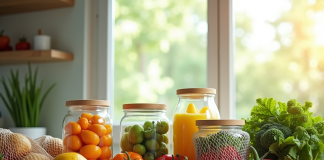 Plan de cuisine moderne avec fruits et légumes frais dans des bocaux
