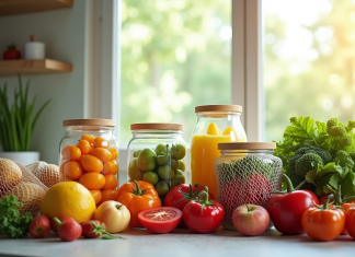 Plan de cuisine moderne avec fruits et légumes frais dans des bocaux