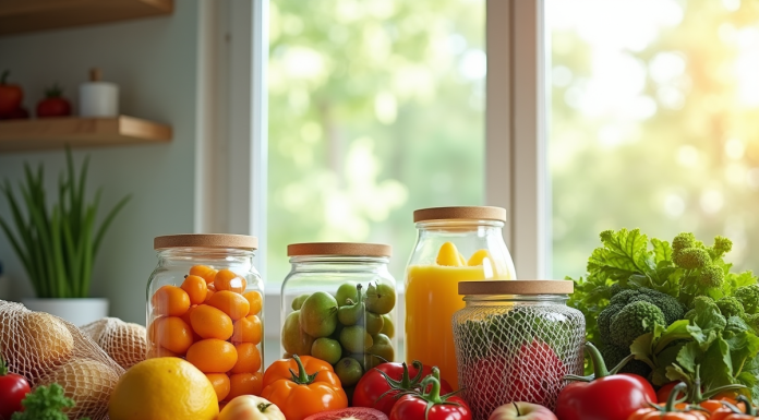 Plan de cuisine moderne avec fruits et légumes frais dans des bocaux