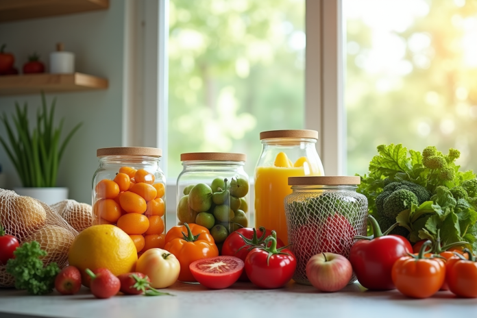 cuisine-fruits-legumes-conteneurs Plan de cuisine moderne avec fruits et légumes frais dans des bocaux