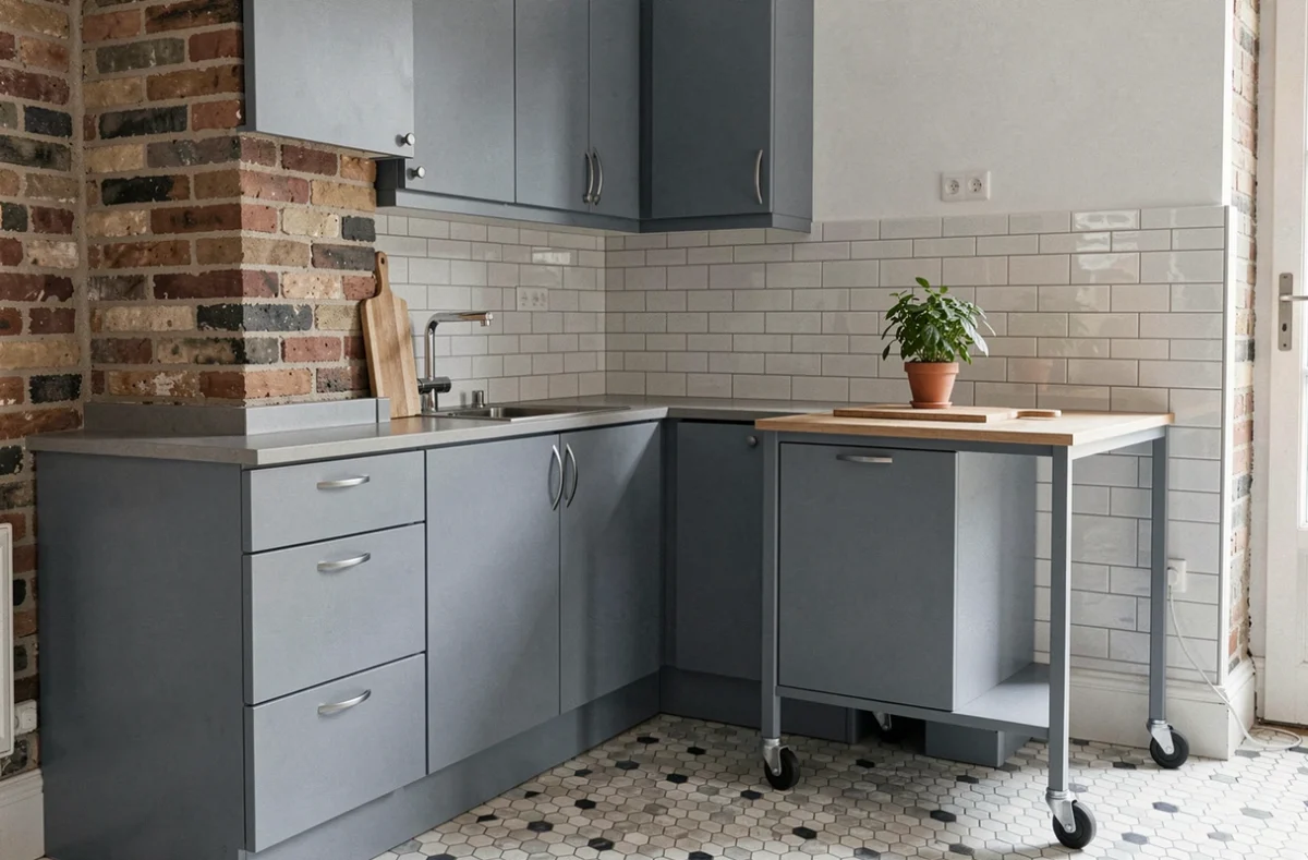 Cuisine IKEA gris-bleu avec îlot mobile et carrelage penny dans un appartement parisien rénové