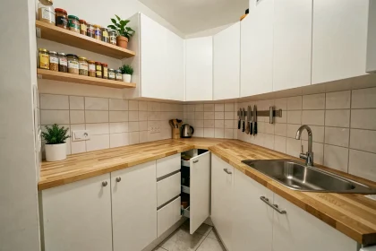 Petite cuisine IKEA bien optimisée avec rangements malins dans un appartement urbain