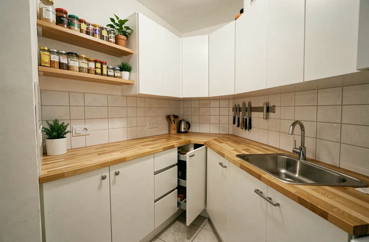 Petite cuisine IKEA bien optimisée avec rangements malins dans un appartement urbain