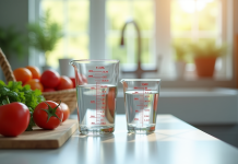 Plan de cuisine avec verre d'eau et ingrédients frais
