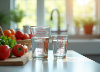Plan de cuisine avec verre d'eau et ingrédients frais