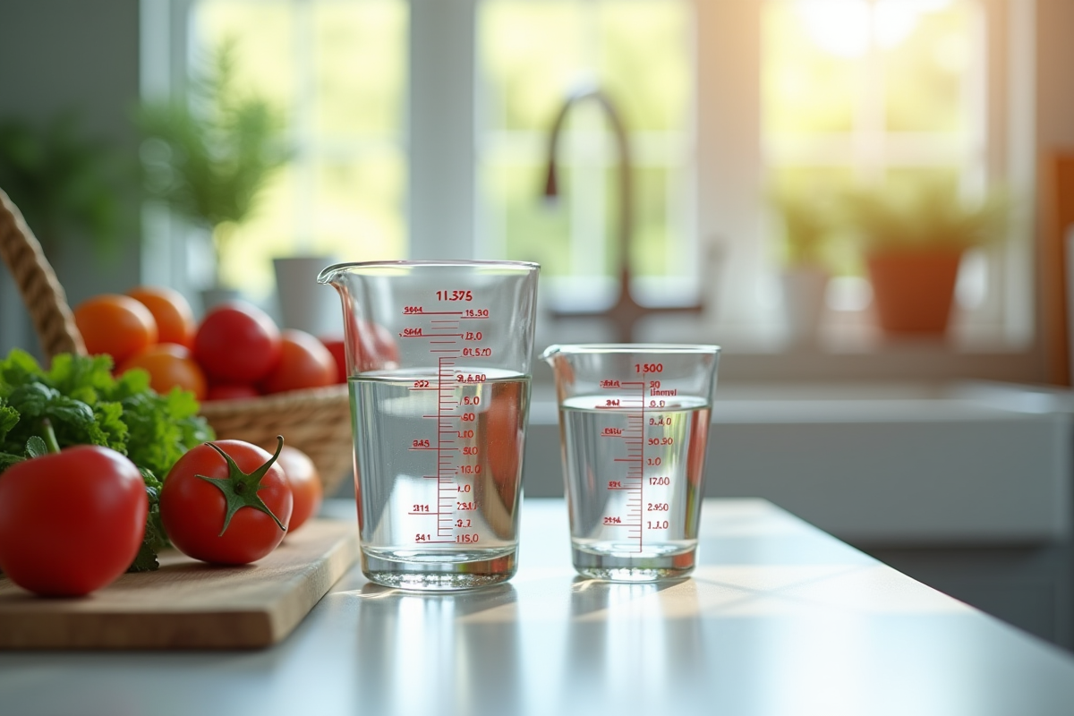 Plan de cuisine avec verre d'eau et ingrédients frais