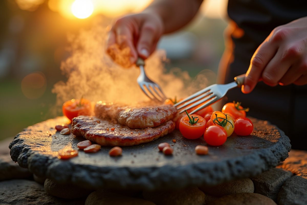 Mains cuisinant viande et légumes sur pierrade au coucher du soleil