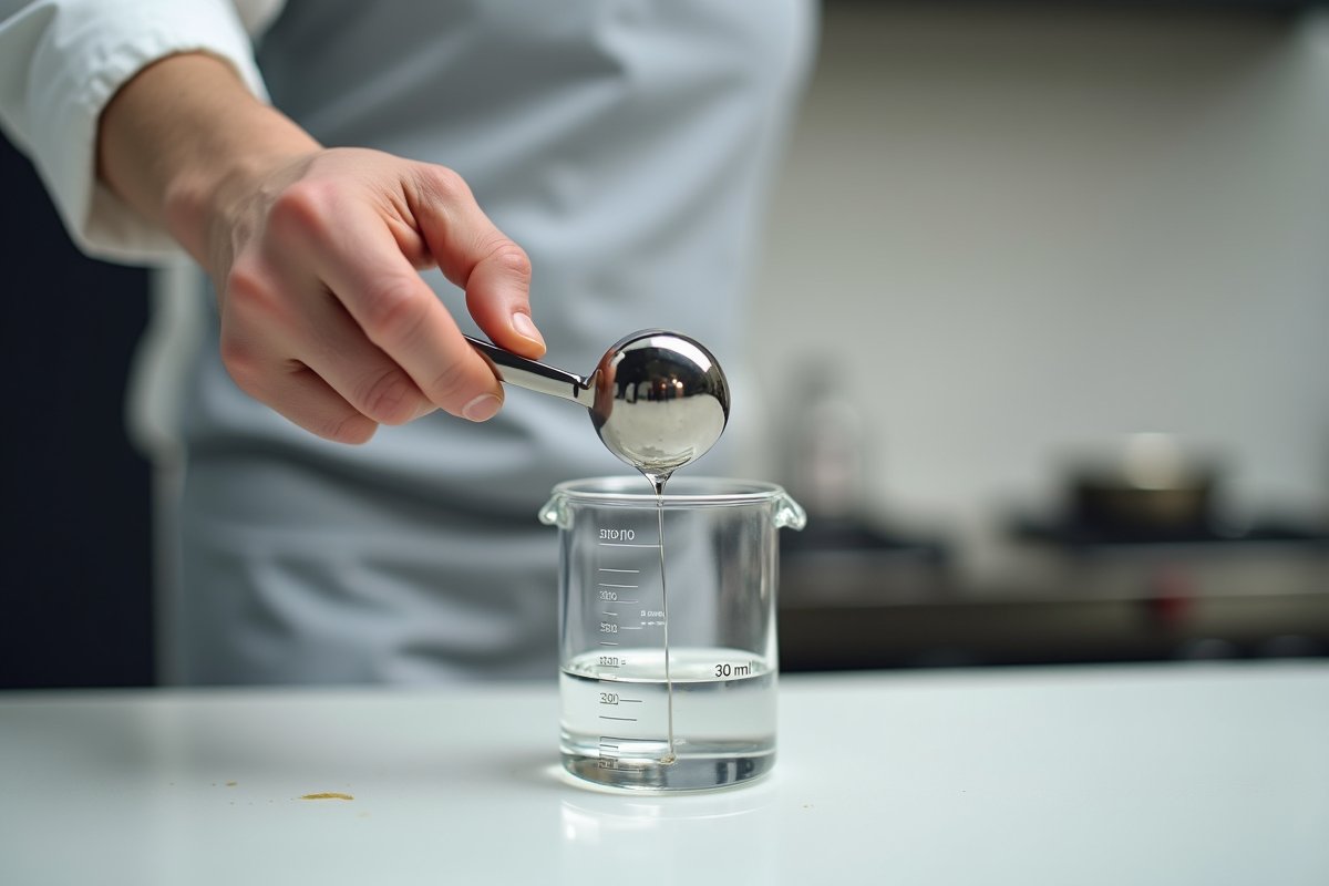 Main de chef versant 30 ml de liquide dans un verre mesureur