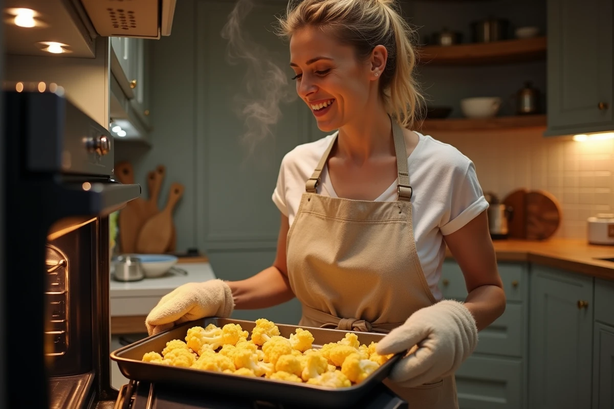 Femme sortant du four une plaque de chou-fleur rôti doré, portant un tablier en lin dans une cuisine chaleureuse