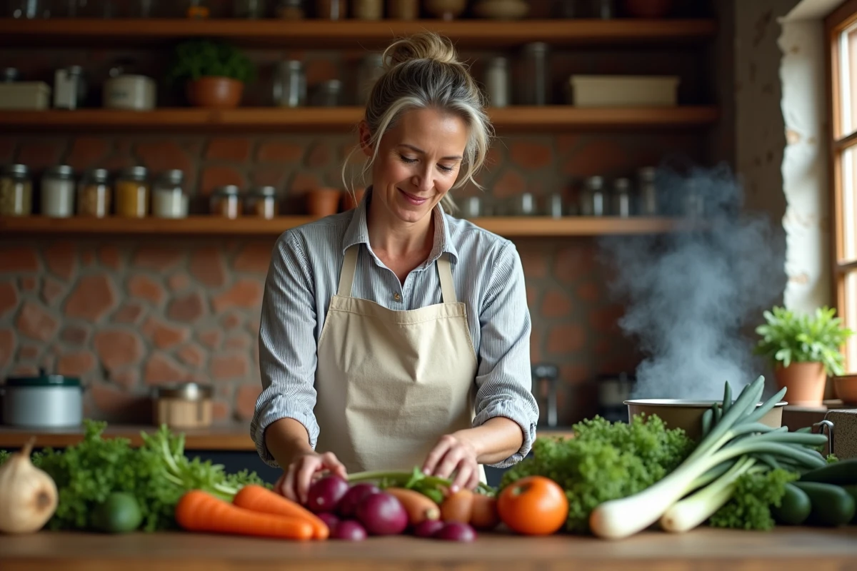 Femme cuisinière arrangeant des légumes frais variés sur un comptoir en bois rustique dans une cuisine familiale chaleureuse