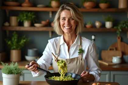 Femme en cuisine bistro pr&eacute;parant des courgettes saut&eacute;es