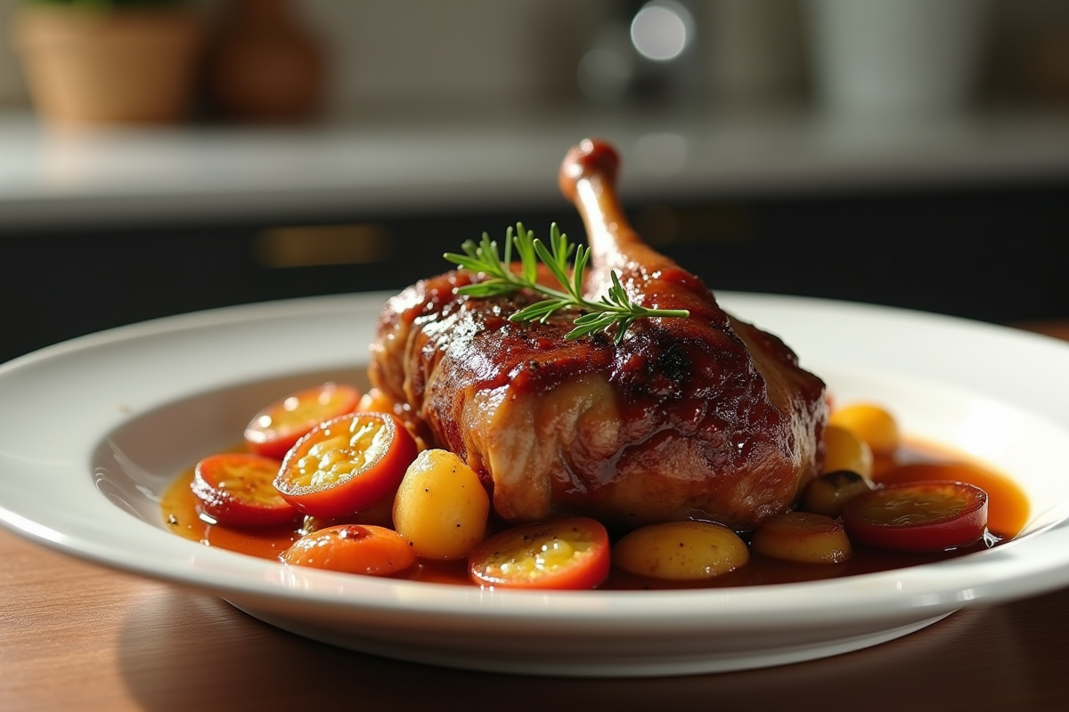 Cuisse de dinde confite avec légumes et sauce sur une assiette