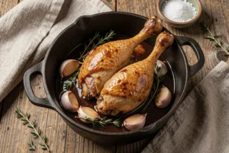 Cuisses de canard dorées dans une cocotte en fonte avec sauce nappante, ail et thym, recette façon grand-mère
