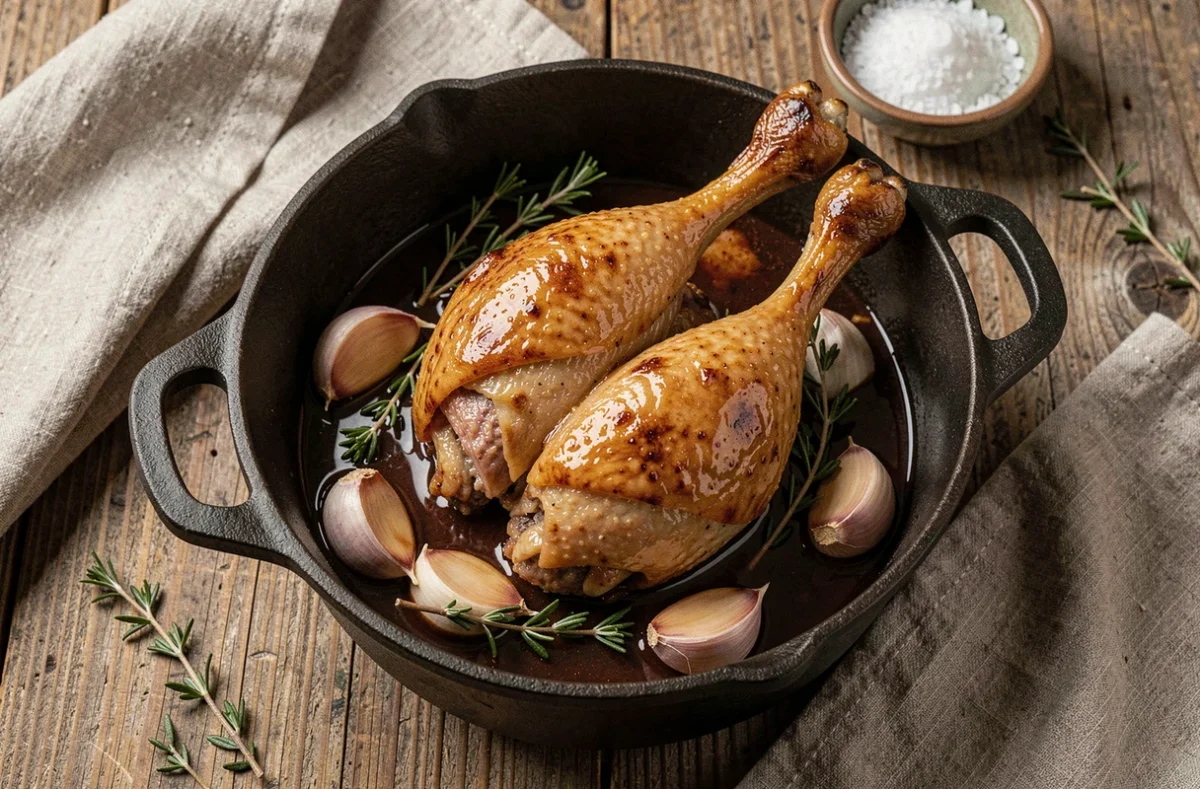 Cuisses de canard dorées dans une cocotte en fonte avec sauce nappante, ail et thym, recette façon grand-mère